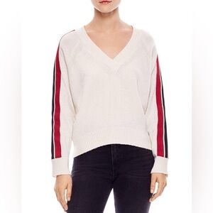 Sandro V-Neck Sweater with Red and Black Stripes
